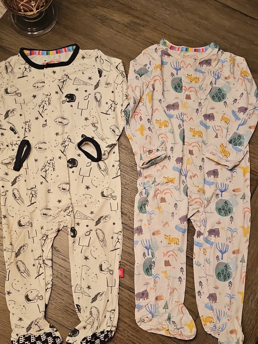 Magnetic Me- 2pk Footed Pajamas in Cream & Black Football & Animal Print